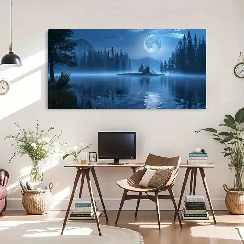 Moonlit Lake & Starry Night Wall Art Canvas Office Home Room Framed 120x60cm - Bella Home Decor