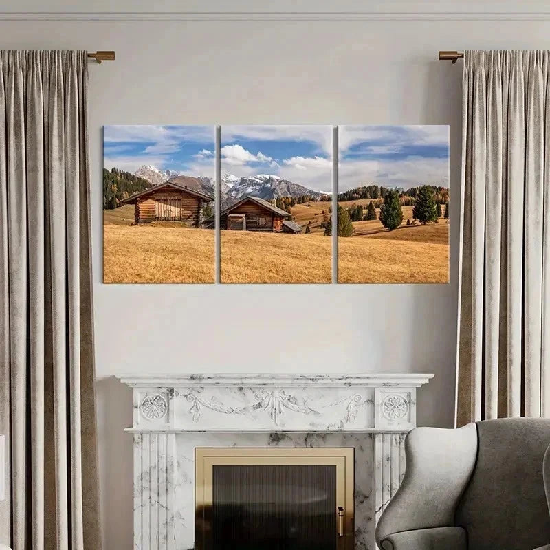 3pcs Plateau Mountains and Huts Modern Wall Art Set Canvas Framed 60x90cm - High Quality Print 100% Australian Made Wall Canvas Ready to Hang - Bella Home Decor