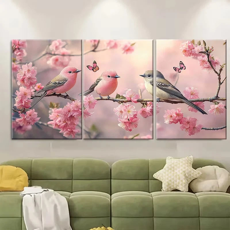 3pcs Pink Birds Cherry Blossom Butterflies Metal Print Ready to Hang Art