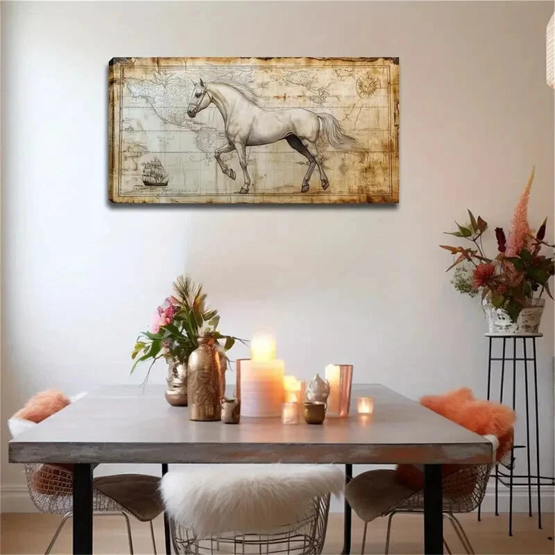 White Horse Ancient Map Design Wall Art Canvas Office Home Room Framed 120x60cm - Bella Home Decor