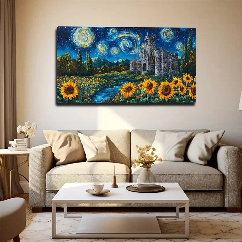 Castle Sunflowers Starry Sky Wall Art Canvas Office Home Room Framed 120x60cm