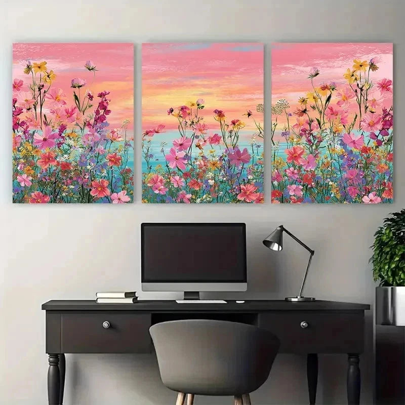 3pcs Summer Sunrise Coastal Wildflower Perfect Wall Art Set Canvas Framed 50x70cm - High Quality Print 100% Australian Made Wall Canvas Ready to Hang