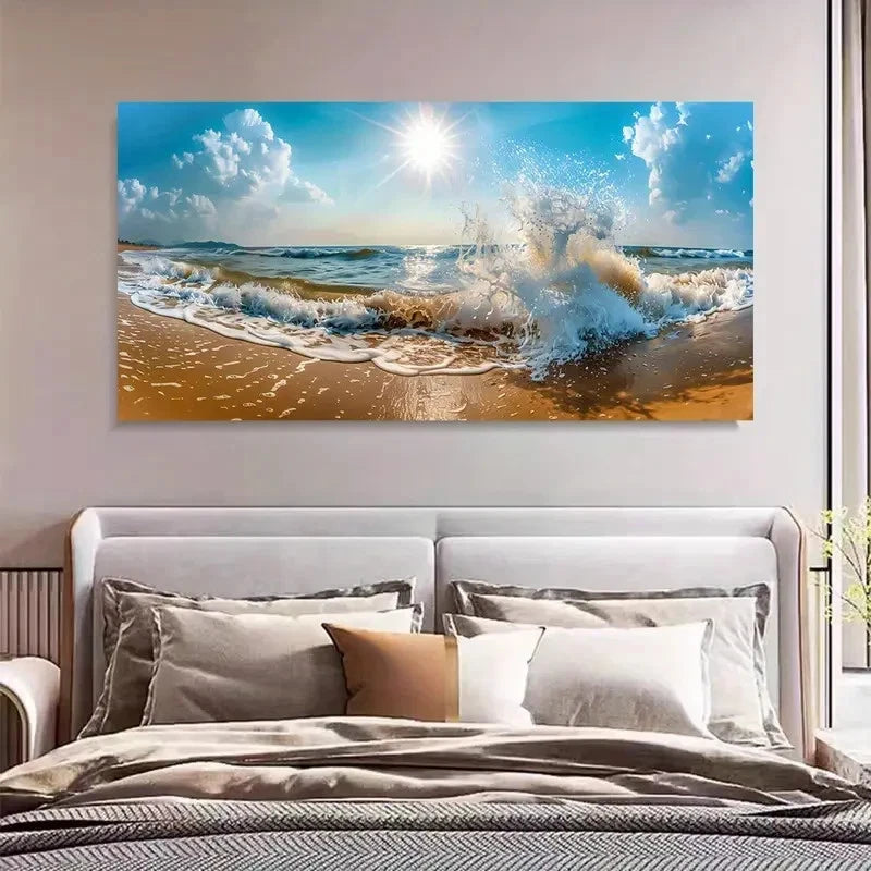 Serene Sandy Shore & Ocean Wave Wall Art Canvas Office Home Room Framed 120x60cm