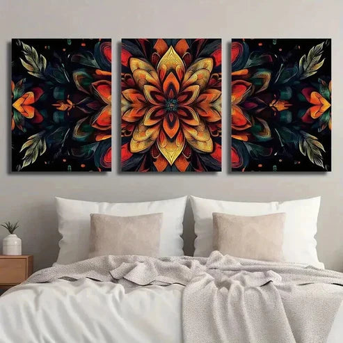 3pcs Mandala Flowers on Black Background Wall Art Set Canvas Unframed - High Quality Print 100% Australian Made Wall Canvas