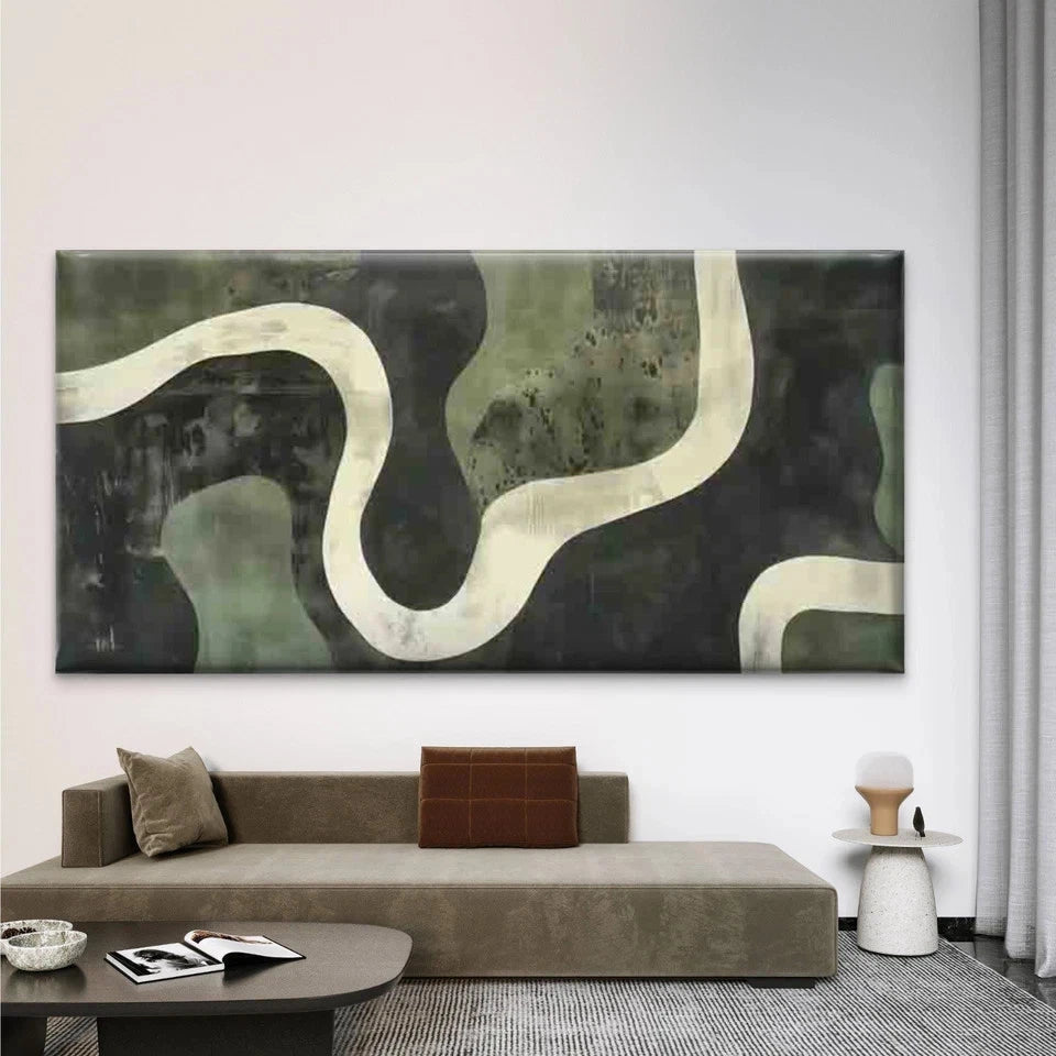 Abstract Green Black Curved Lin Wall Art Canvas Office Home Room Framed 120x60cm
