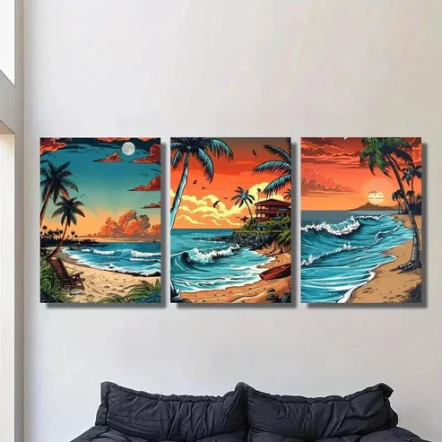 3pcs Tropical Beach Seascape Illustration Wall Art Set Canvas Unframed - High Quality Print 100% Australian Made Wall Canvas