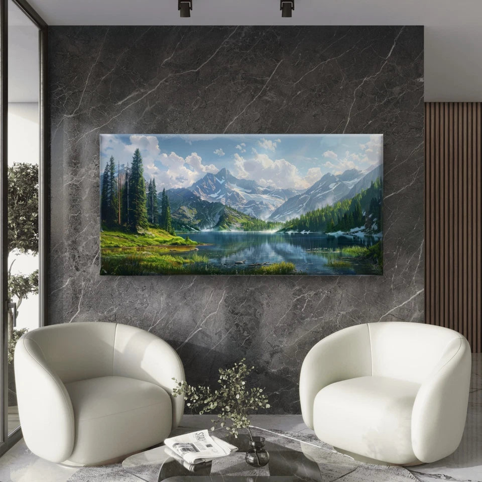 Alpine Mountain Lake Forest Wall Art Canvas Office Home Room Framed 120x60cm - Bella Home Decor
