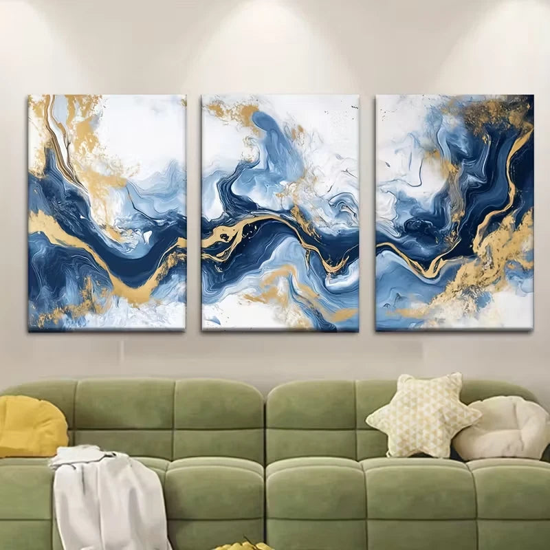 3pcs Abstract Blue and Golden Marble Patterns Metal Print Ready to Hang Art