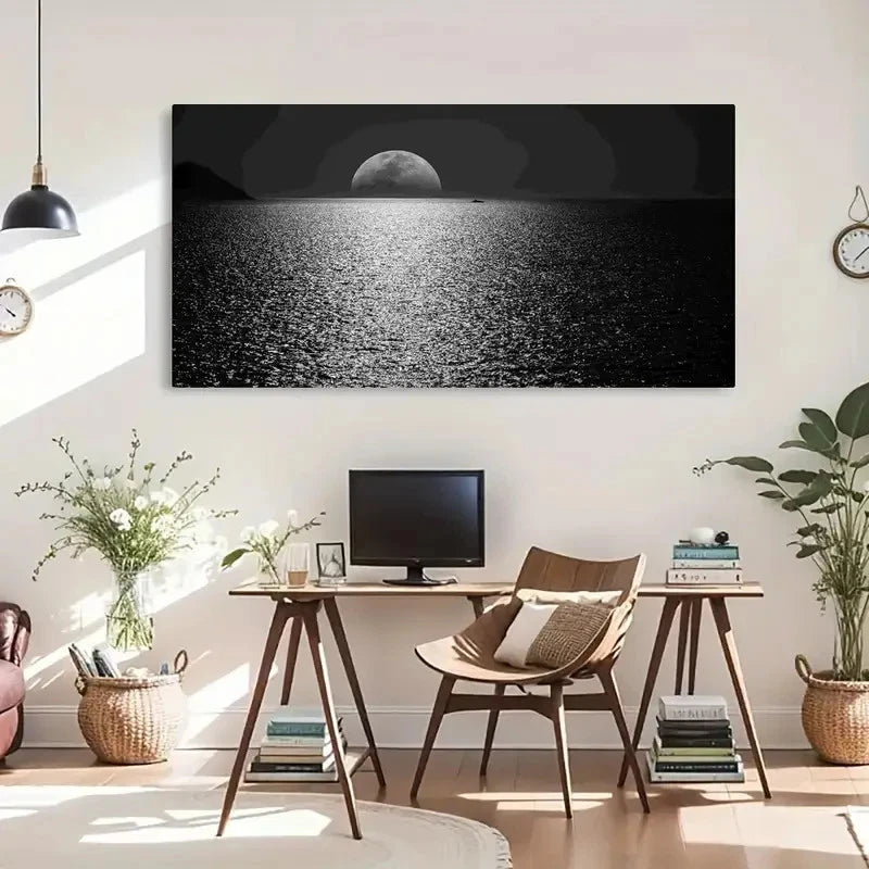 White Moon Ocean Night Black Wall Art Canvas Office Home Room Framed 120x60cm - Bella Home Decor