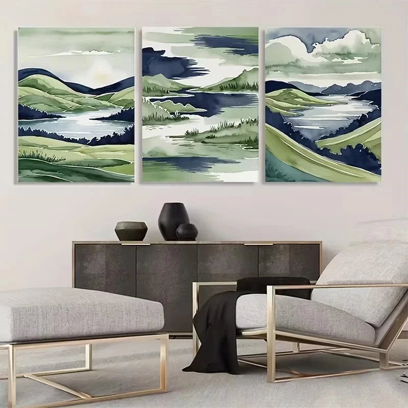 3pcs Blue and Green Abstract Landscape Wall Art Set Canvas Framed 60x90cm - High Quality Print 100% Australian Made Wall Canvas Ready to Hang - Bella Home Decor