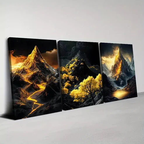 3pcs Modern Abstract Golden Mountains with Tree Wall Art Canvas Unframed - High Quality Print 100% Australian Made Wall Canvas