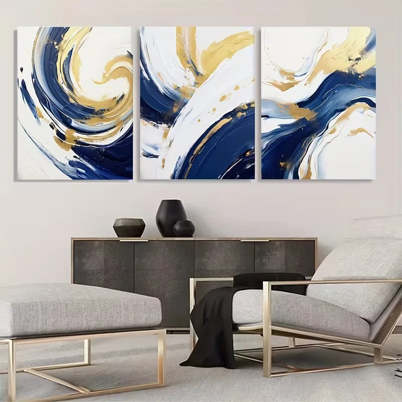 3pcs Navy Blue and Golden Watercolor Shapes Wall Art Set Canvas Framed 40x60cm - High Quality Print 100% Australian Made Wall Canvas Ready to Hang