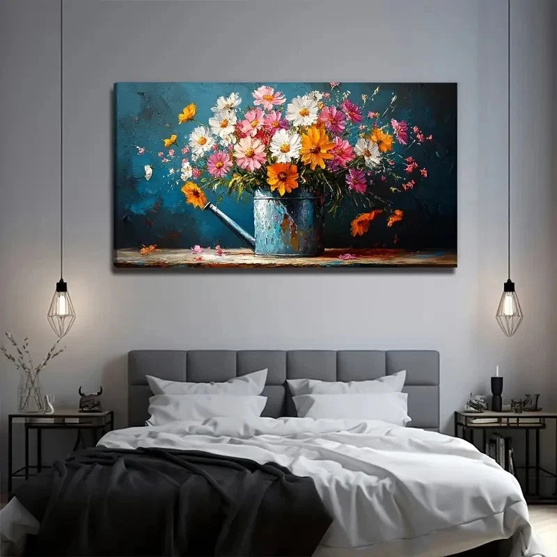 Vibrant Bouquet In Blue Vase Wall Art Canvas Office Home Room Framed 120x60cm
