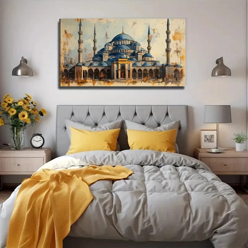 Aesthetic Elegant Blue & Gold Wall Art Canvas Office Home Room Framed 120x60cm