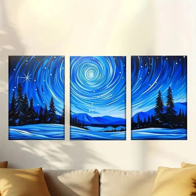 3pcs Vibrant Starry Night Snow Mountain Scene Wall Art Set Canvas Framed 50x70cm - High Quality Print 100% Australian Made Wall Canvas Ready to Hang