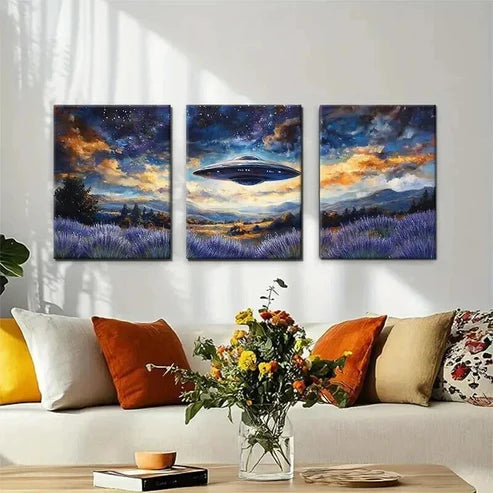 3pcs UFO Spaceship Over Lavender Field Perfect Wall Art Canvas Unframed - High Quality Print 100% Australian Made Wall Canvas