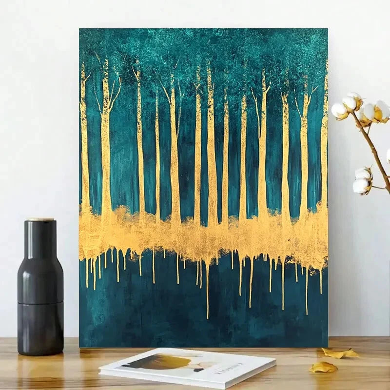 Abstract Forest With Golden Leaf Dripping on a Teal 40x60cm Metal Print Ready to Hang