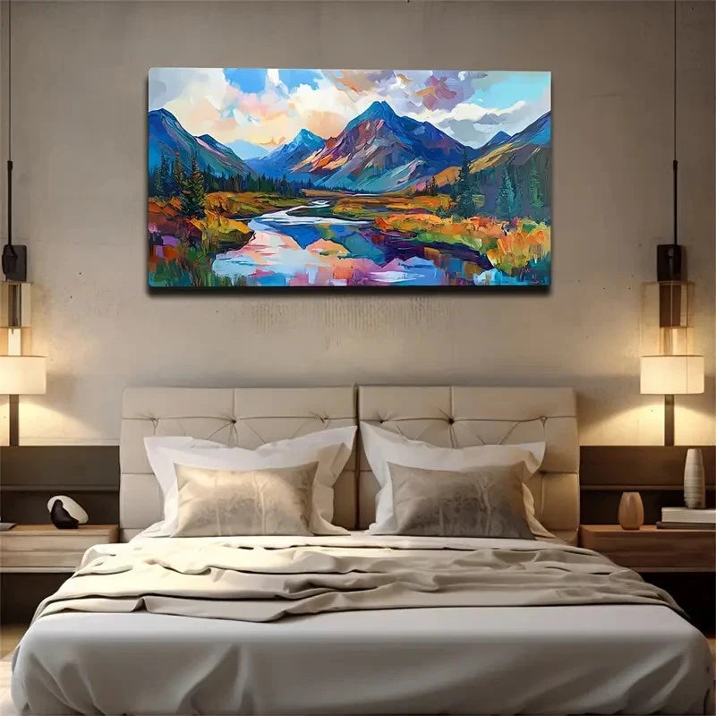 Vibrant Mountain Landscape Wall Art Canvas Office Home Room Framed 120x60cm