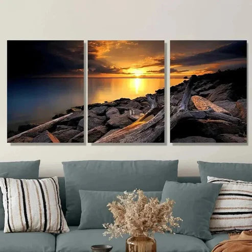 3pcs Sunset Beach Serene Ocean & Rocky Shoreline Wall Art Set Canvas Unframed - High Quality Print 100% Australian Made Wall Canvas