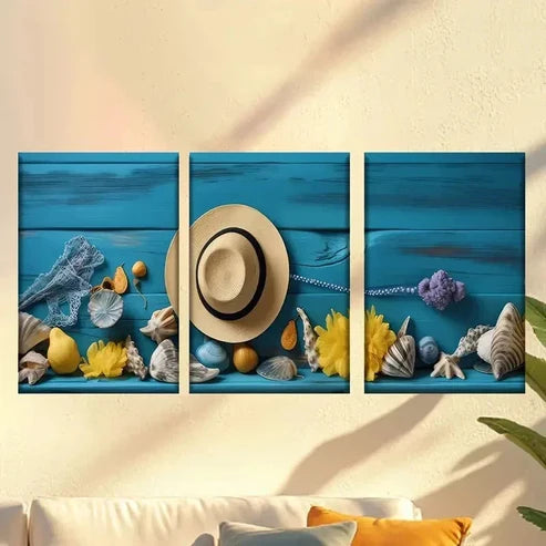 3pcs Beach-Themed Posters with Hat Wall Art Canvas Unframed – High Quality Print 100% Australian Made Wall Canvas - Bella Home Decor