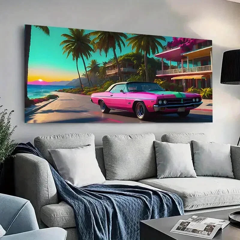 Pink Car Tree Ocean Sunset wall canvas office home room framed 120x60cm - Bella Home Decor