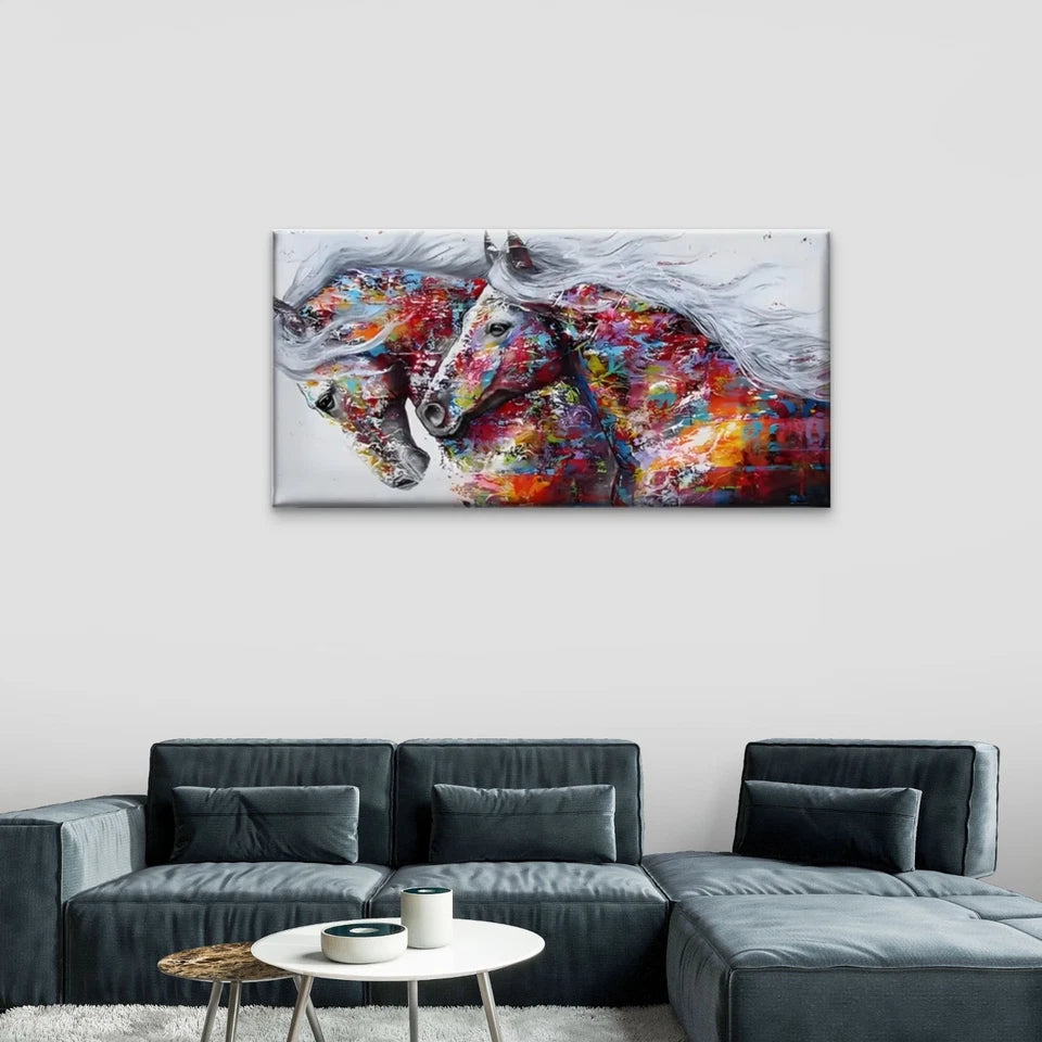 Two Horses Abstract Color Wall Art Canvas Office Home Room Framed 120x60cm