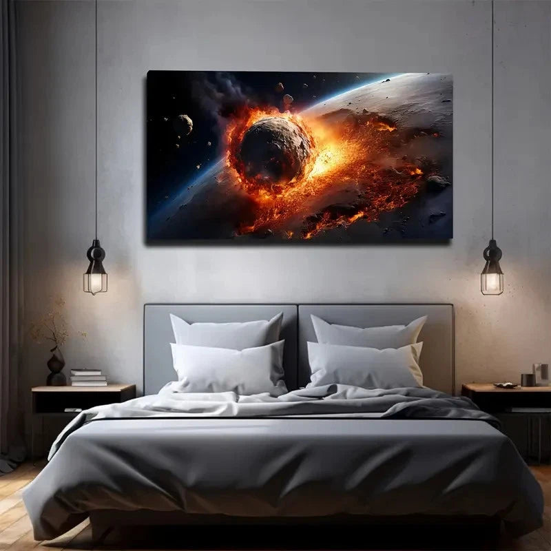 Dramatic Asteroid Impact Scene Wall Art Canvas Office Home Room Framed 120x60cm