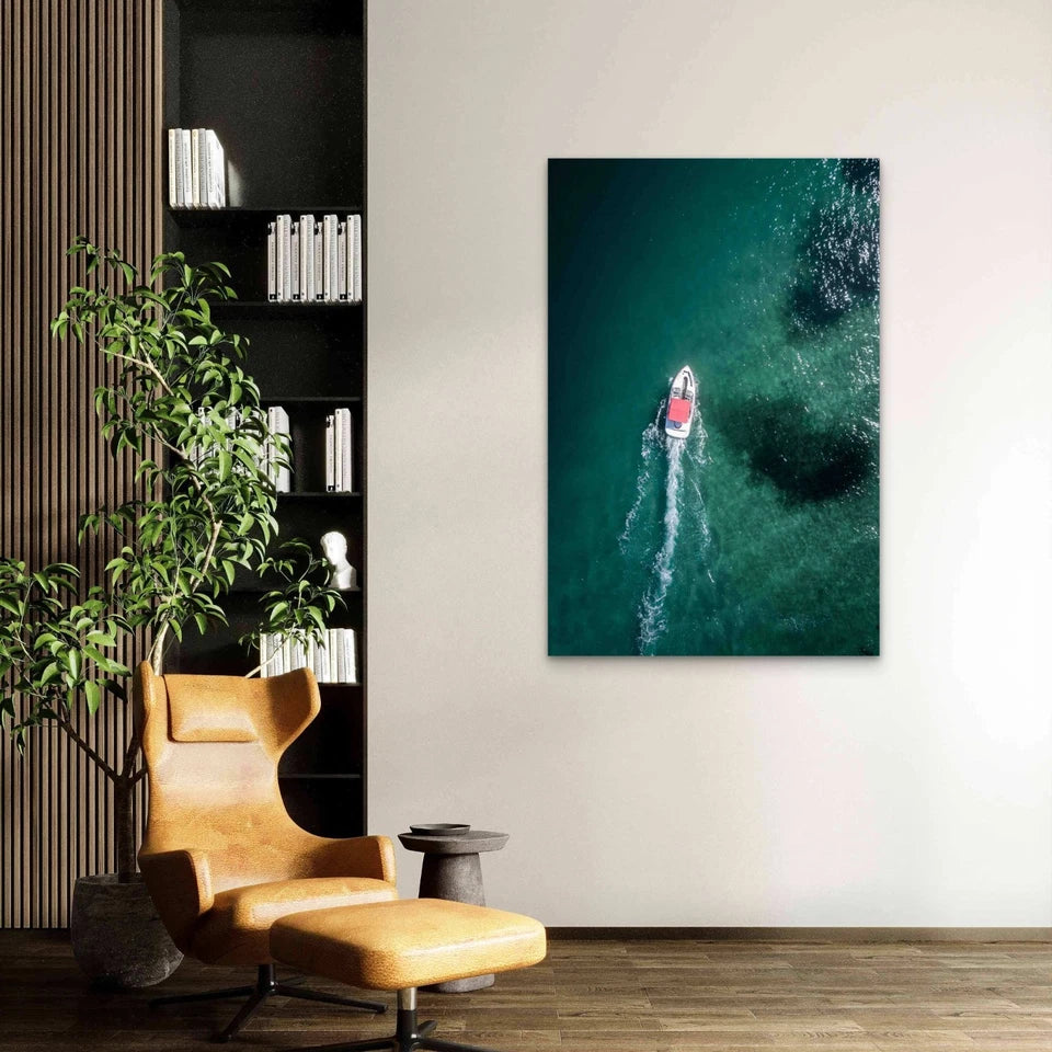 Aerial Shot Motorboat Moving Forward Sea 40x60cm Metal Print Ready to Hang
