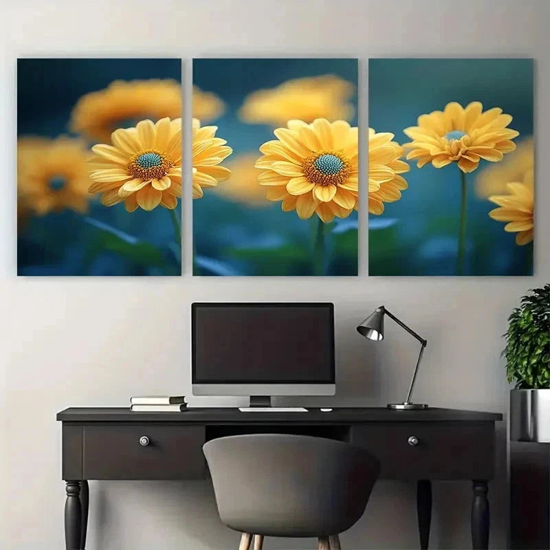 3pcs Bright Yellow Dahlberg Daisy Perfect Wall Art Set Canvas Framed 50x70cm - High Quality Print 100% Australian Made Wall Canvas Ready to Hang - Bella Home Decor