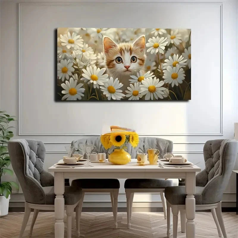 A Kitten Is Placed In A Daisies Wall Art Canvas Office Home Room Framed 120x60cm - Bella Home Decor