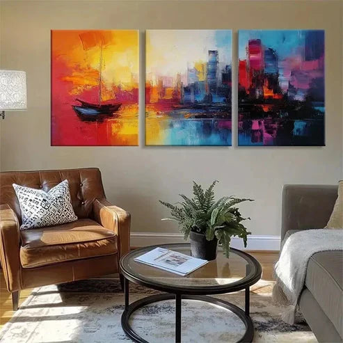 3pcs Vibrant Abstract Cityscape Sunset Perfect Wall Art Set Canvas Unframed - High Quality Print 100% Australian Made Wall Canvas