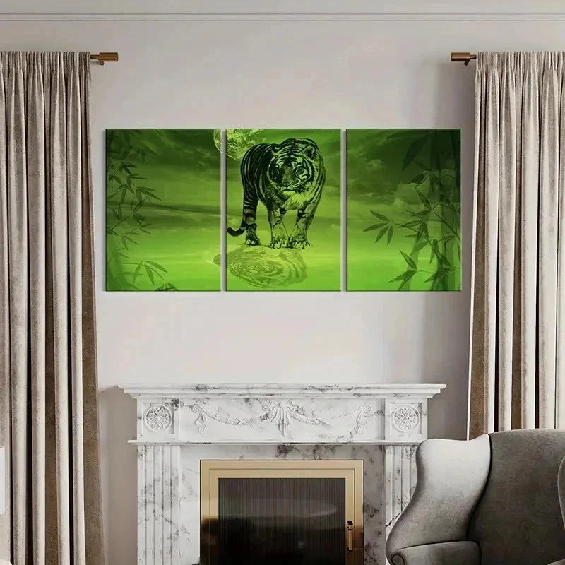 3pcs Vibrant Green Tiger screened Design Wall Art Set Canvas Framed 60x90cm - High Quality Print 100% Australian Made Wall Canvas Ready to Hang