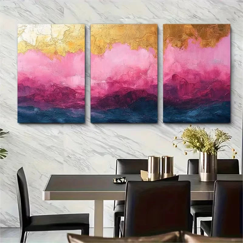 3pcs Elegant Blush Pink and Golden Abstract Metal Print Ready to Hang Art