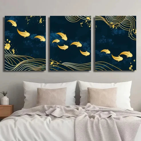 3pcs Navy blue and Golden Fish Wall Art Set Canvas Unframed - High Quality Print 100% Australian Made Wall Canvas