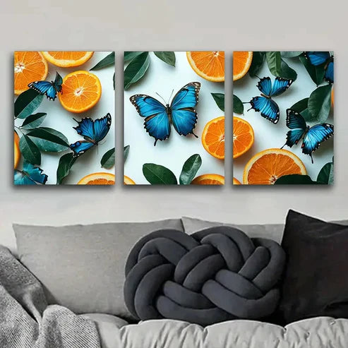 3pcs Blue Butterflies & Orange Tree Perfect Wall Wall Art Set Canvas Unframed - High Quality Print 100% Australian Made Wall Canvas - Bella Home Decor