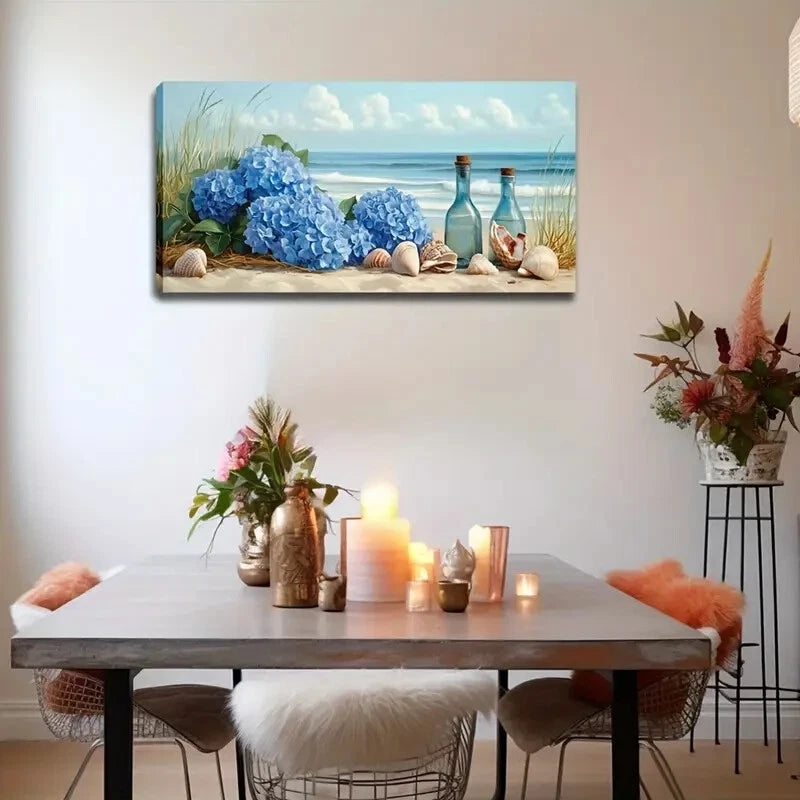 Ocean Scene Hydrangeas Seashell Wall Art Canvas Office Home Room Framed 120x60cm - Bella Home Decor