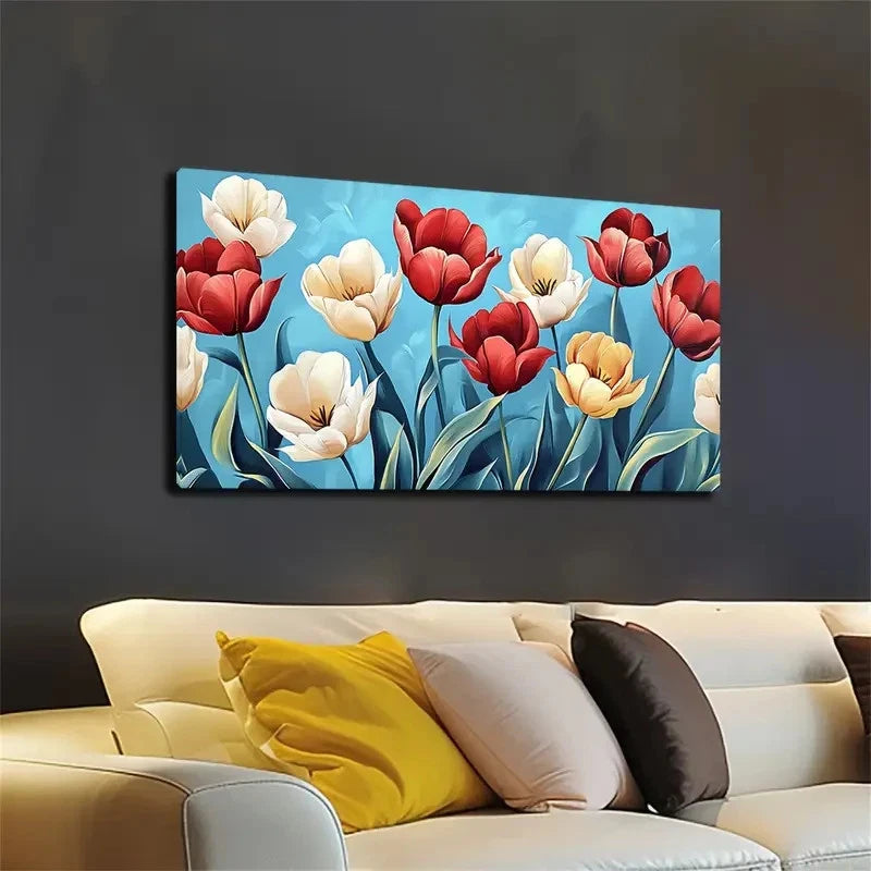 Vibrant Red & White Floral Wall Art canvas office home room framed 120x60cm
