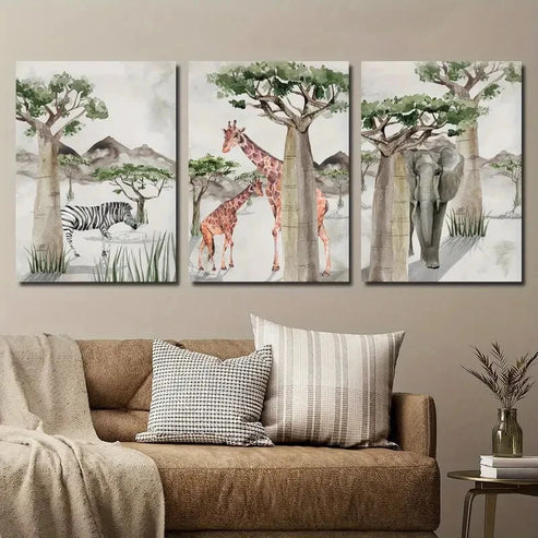 3pcs African Animals Jungle Theme Wall Art Set Canvas Unframed - High Quality Print 100% Australian Made Wall Canvas - Bella Home Decor