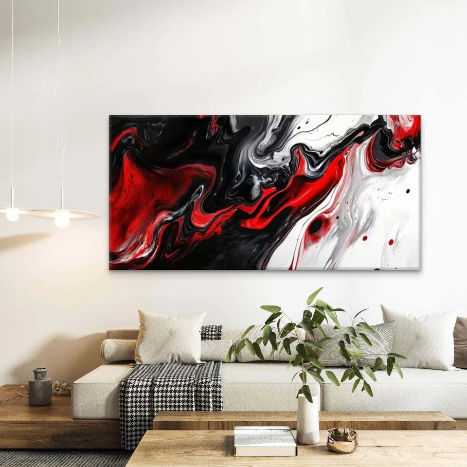 Red, Black & White Abstract Wall Art Canvas Office Home Room Framed 120x60cm