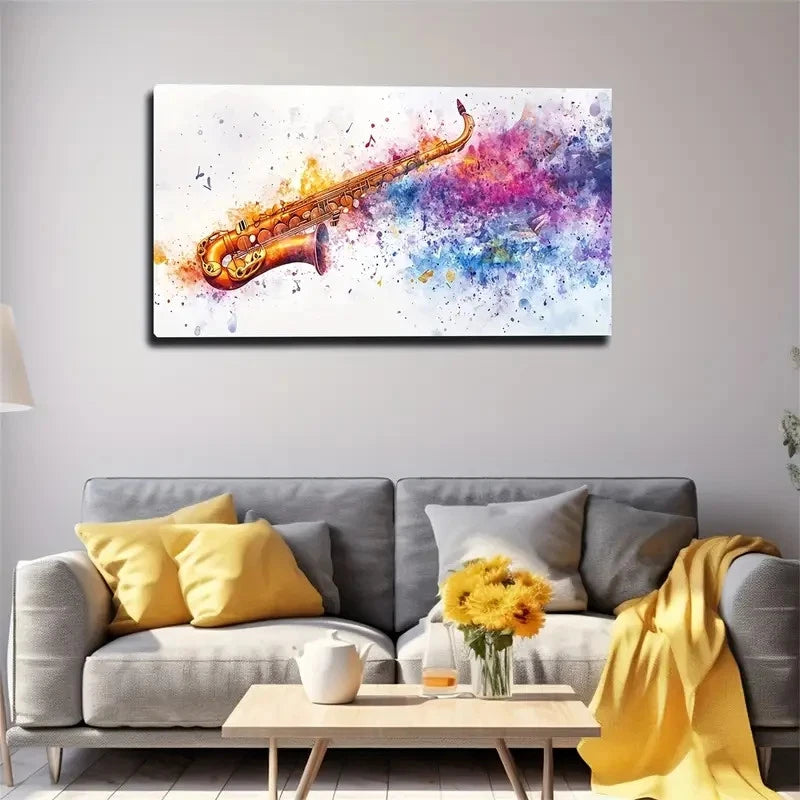 Golden Saxophone Musical Notes Wall Art Canvas Office Home Room Framed 120x60cm