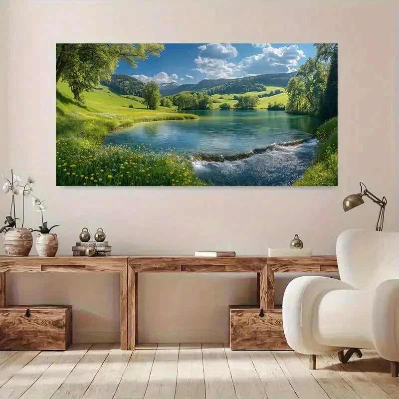 Serene Lake Lush Hills Sky wall canvas office home room framed 120x60cm - Bella Home Decor