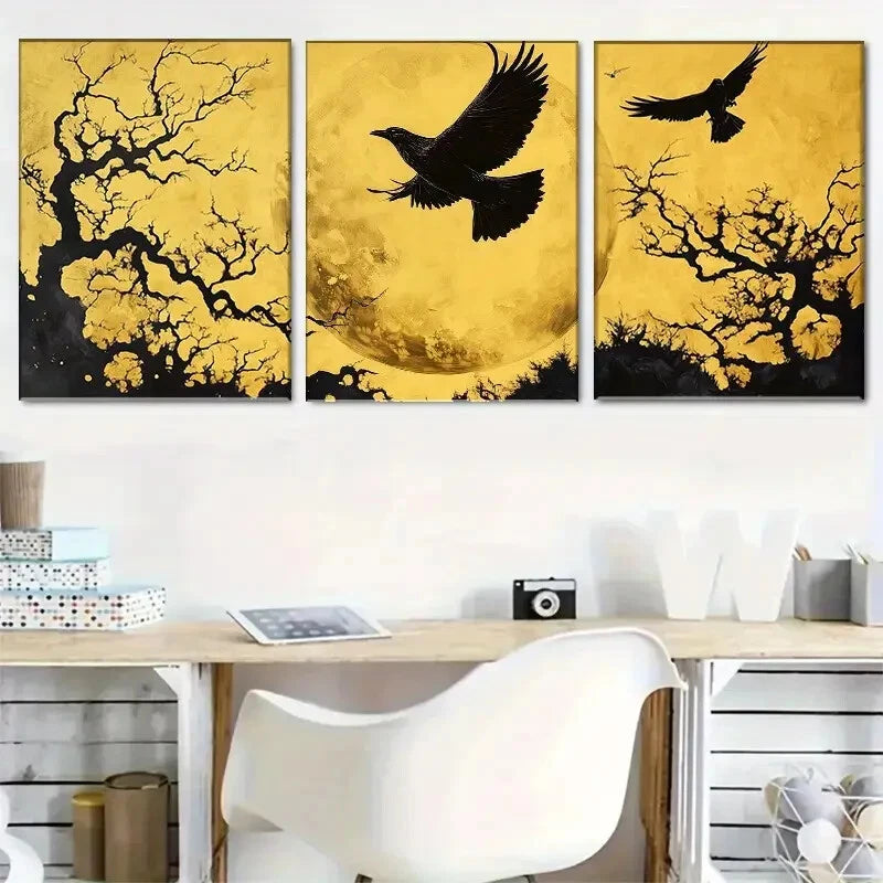 3pcs Moonlit Raven Flying Crows Golden Perfect Wall Art Set Canvas Framed 40x60cm - High Quality Print 100% Australian Made Wall Canvas Ready to Hang - Bella Home Decor