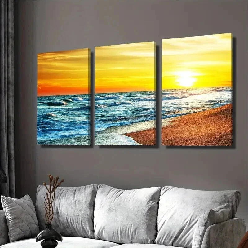 3pcs Ocean Waves & Sandy Shoreline Sunset Beach Wall Art Set Canvas Framed 50x70cm - High Quality Print 100% Australian Made Wall Canvas Ready to Hang