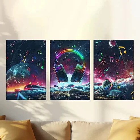 3pcs Music Themed Headphones with Colorful Notes Wall Art Canvas Unframed – High Quality Print 100% Australian Made Wall Canvas