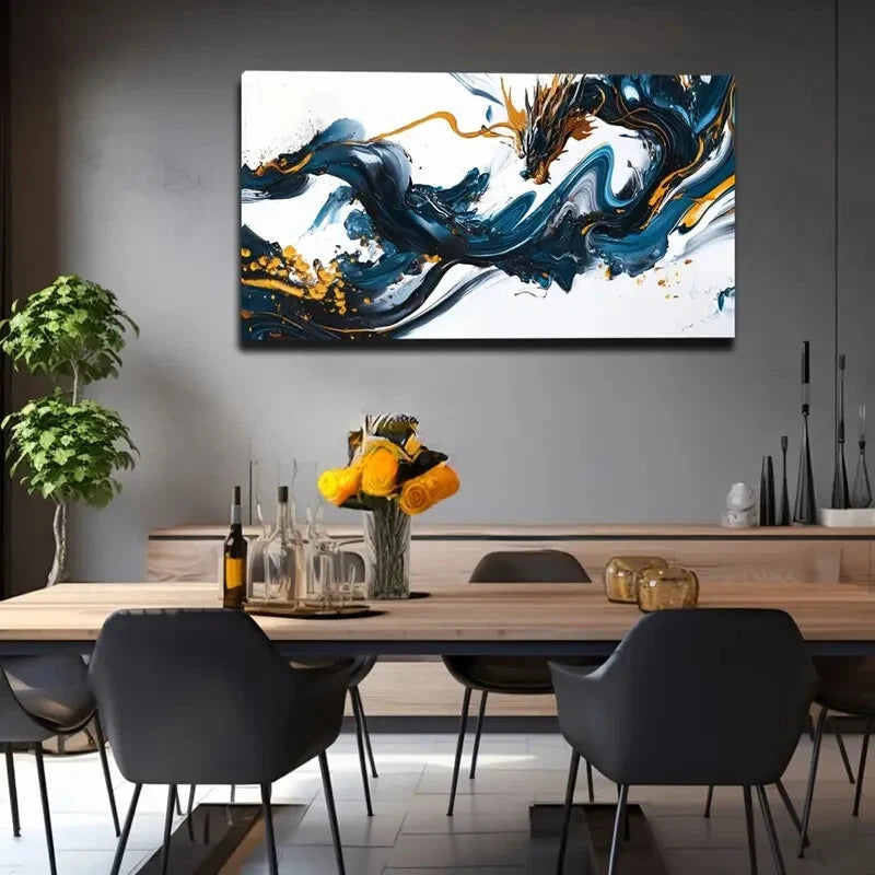 Blue Black Golden Abstract Wall Art Canvas Office Home Room Framed 120x60cm - Bella Home Decor