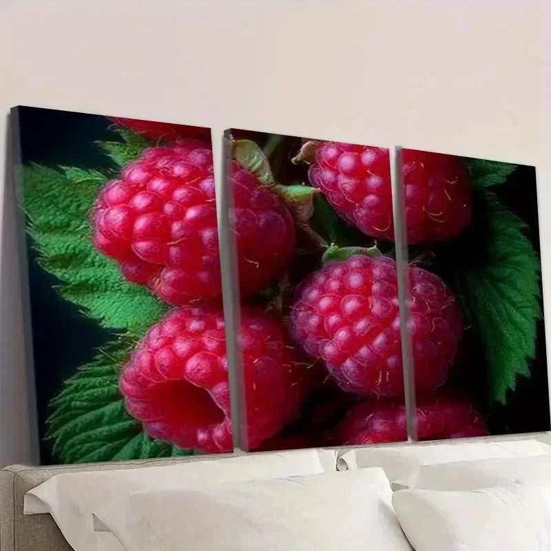 3pcs Raspberries Fruit Style Wall Art Set Canvas Framed 60x90cm - High Quality Print 100% Australian Made Wall Canvas Ready to Hang
