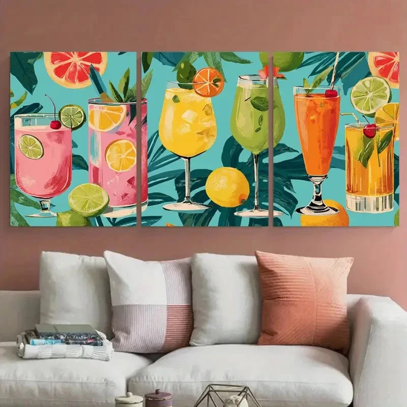 3pcs Retro Cocktail Seamless Artwork Perfect Wall Art Set Canvas Framed 40x60cm - High Quality Print 100% Australian Made Wall Canvas Ready to Hang