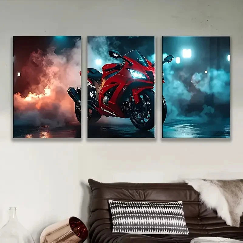 3pcs Ninja zx-10r Motorcycle Artwork Wall Art Set Canvas Framed 50x70cm - High Quality Print 100% Australian Made Wall Canvas Ready to Hang