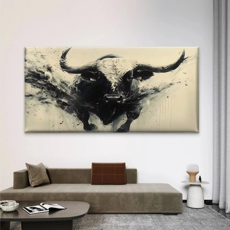 Abstract Black Bull Splash Wall Art Canvas Office Home Room Framed 120x60cm