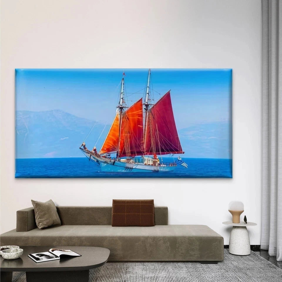Red Sailboat On Blue Ocean Wall Art Canvas Office Home Room Framed 120x60cm